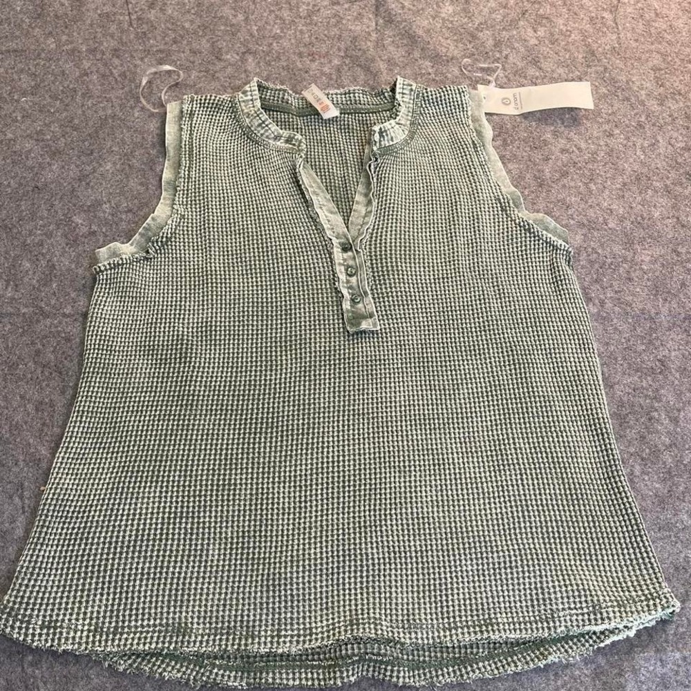 Mono B Womens Green‎ Waffle Knit Henley Tank Top Mineral Wash KT11894 L NEW